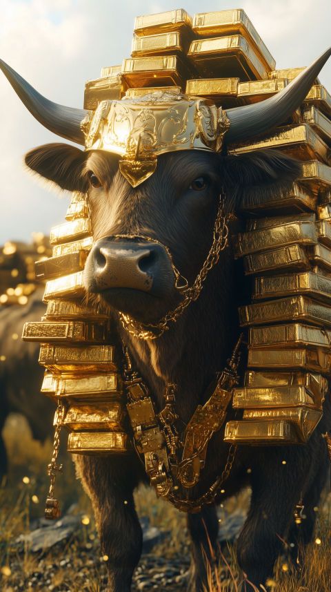 Buffalo adorned with gold bars and ornate jewelry in a field