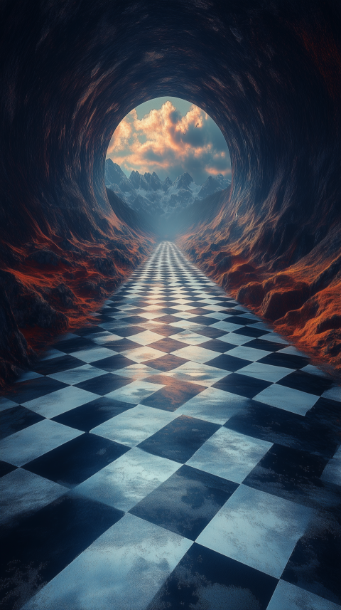 Surreal tunnel with a checkerboard floor leading to a mountainous landscape