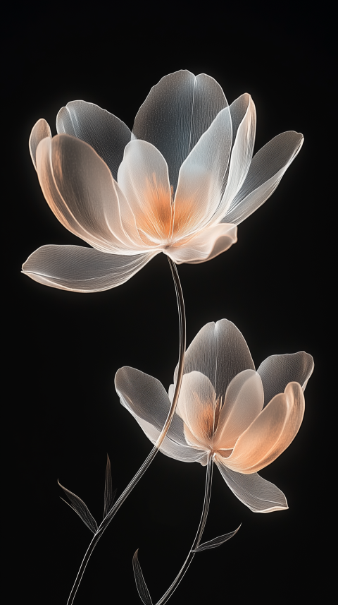 Translucent Flowers with Soft Glow on Black Background