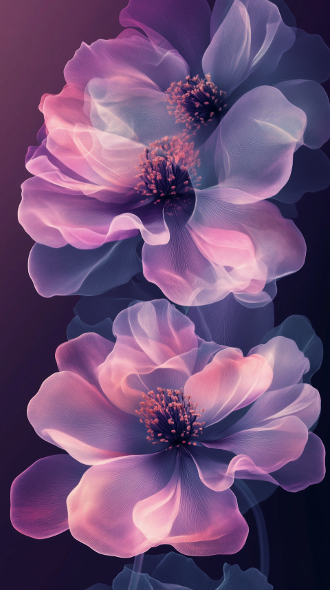 Ethereal Translucent Flowers in Pink and Purple Tones on Dark Background