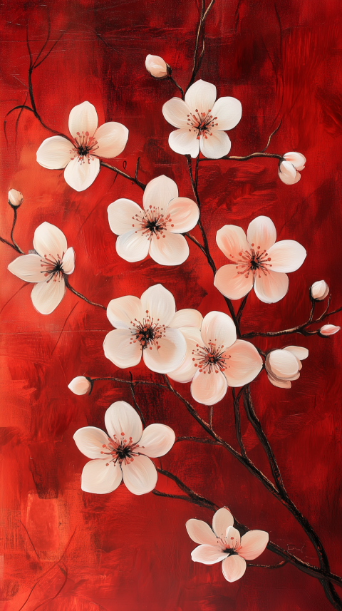 Cherry Blossoms on Bold Red Background