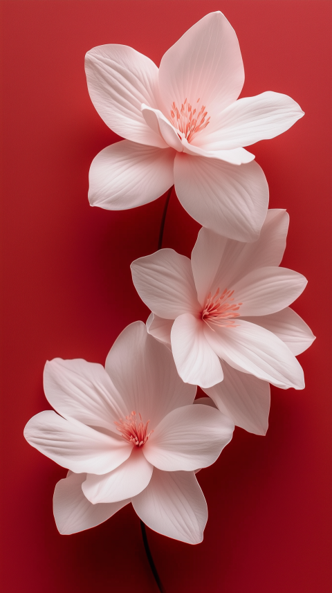 Minimalist White Blossoms on Vibrant Red Background