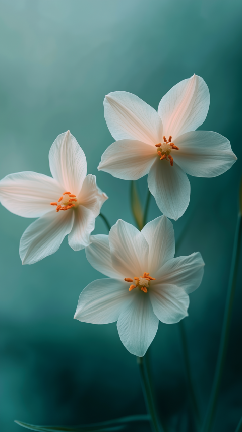 Soft White Flowers with Orange Stamen on Teal Background