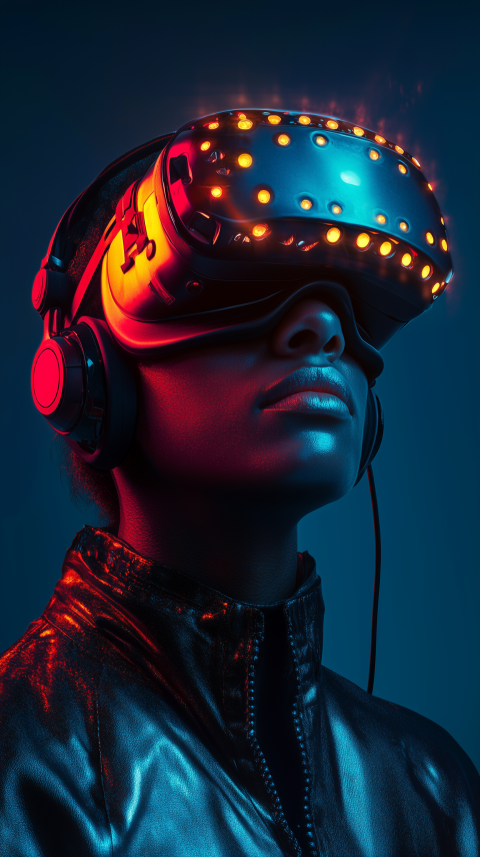 Close-up of a woman wearing futuristic VR headset with orange LED lights and headphones