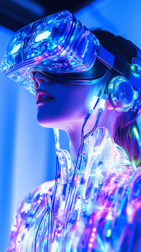 Close-up of a woman wearing a futuristic LED-lit VR headset and illuminated attire