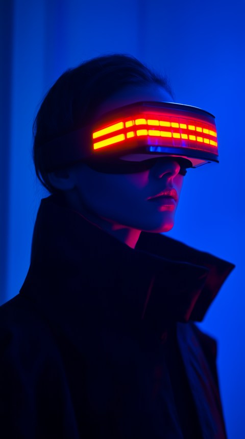 Person wearing futuristic VR headset with red LED display against blue background