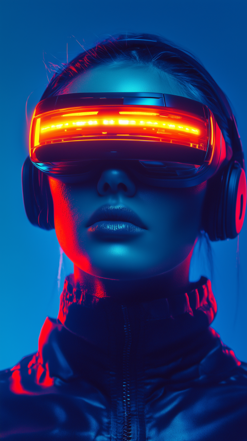 Woman in futuristic VR headset with red LED display