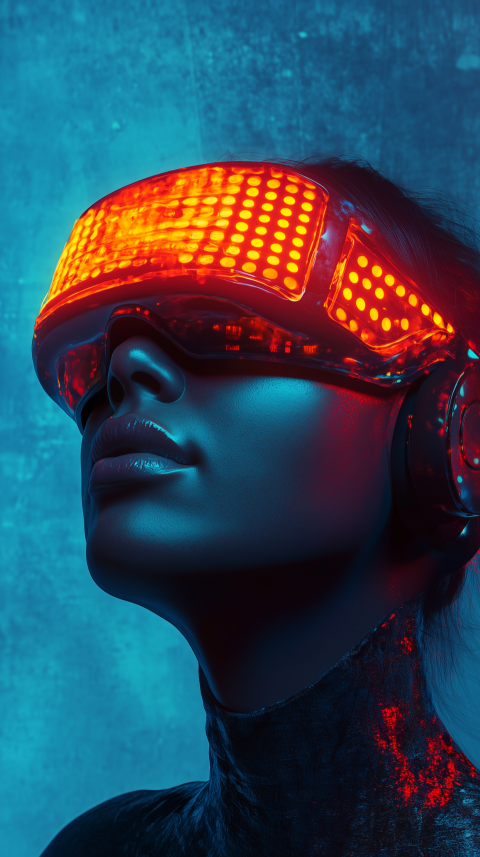 Woman wearing illuminated VR headset in close-up