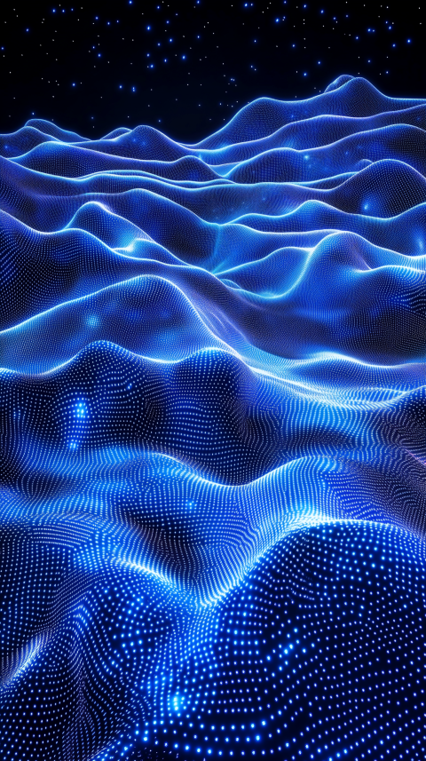 Glowing digital waves with blue particles