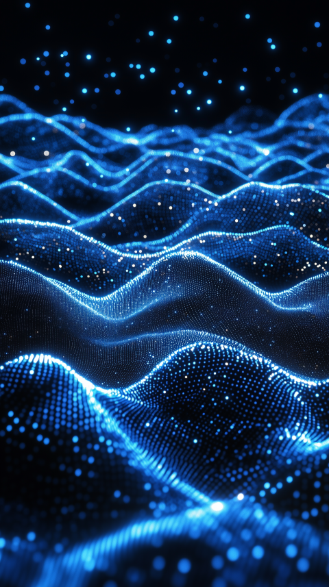 Digital wave landscape with glowing blue particles