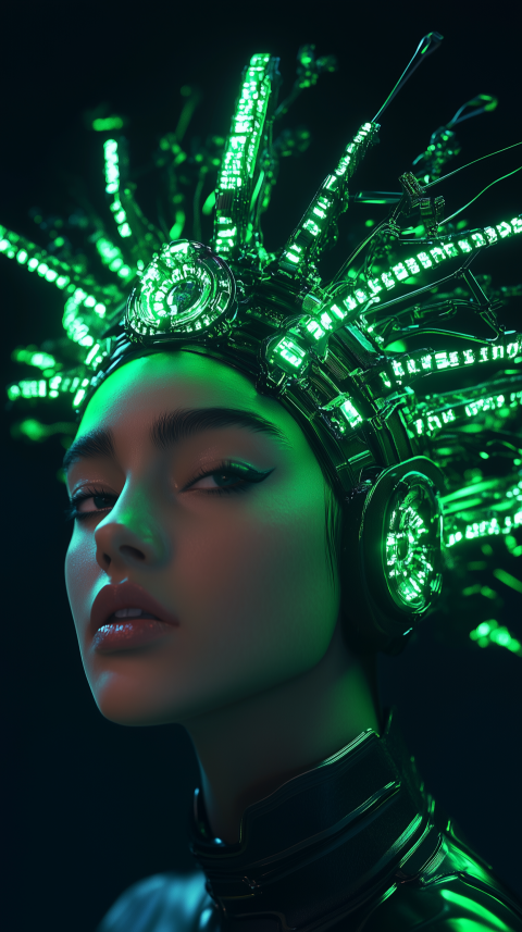 Woman with green neon cyber headdress