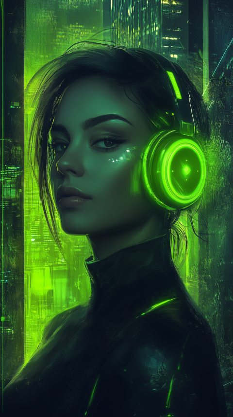 Woman with neon green headphones in futuristic city