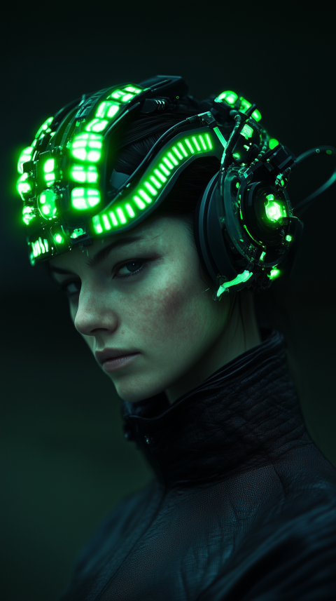 Woman in futuristic green-lit helmet