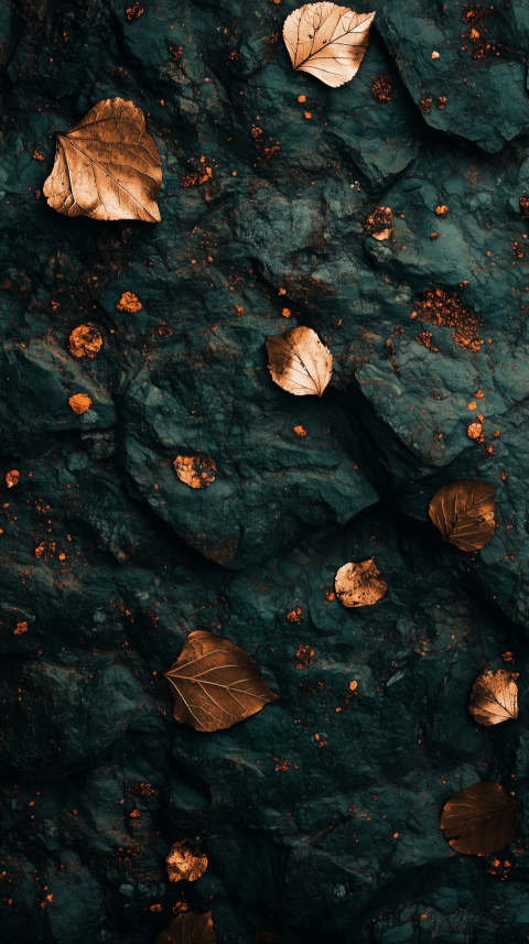 Copper Leaves on Dark Textured Rock