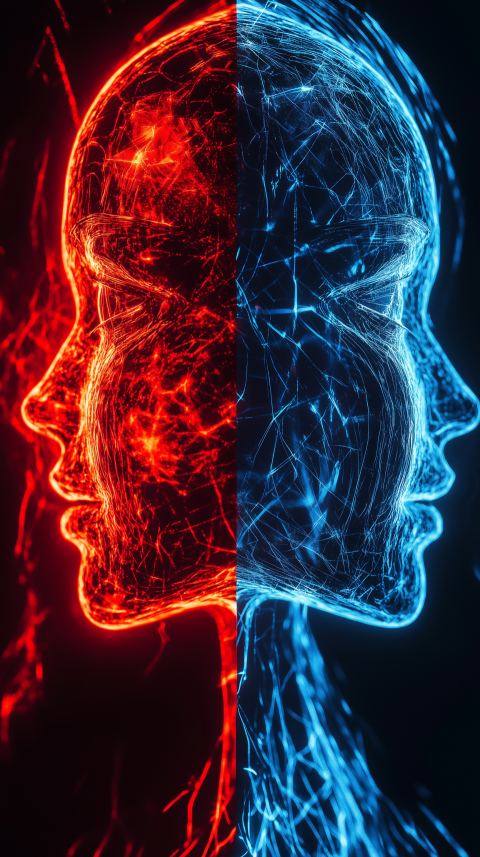 Red and Blue Wireframe Face Profiles