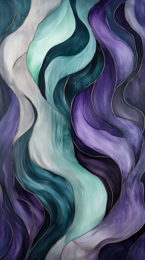 Flowing Abstract Waves in Teal and Purple with Metallic Outlines