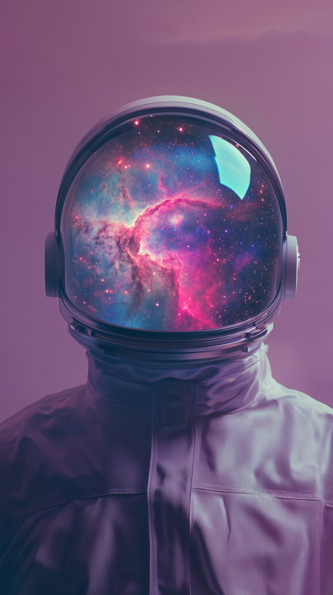 Astronaut Helmet Reflecting Colorful Nebula in Purple Hues