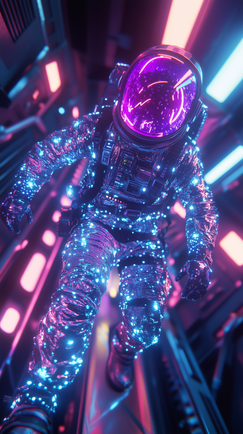 Cybernetic Astronaut in Neon Spaceship Corridor