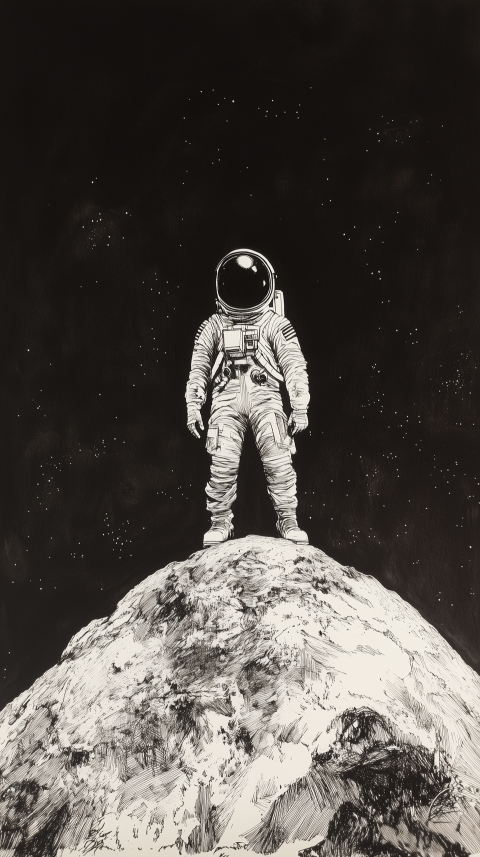 Astronaut Standing on a Rocky Planet in Space