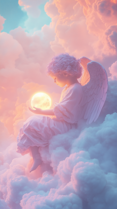 Cherubic Angel Holding Glowing Moon in Clouds