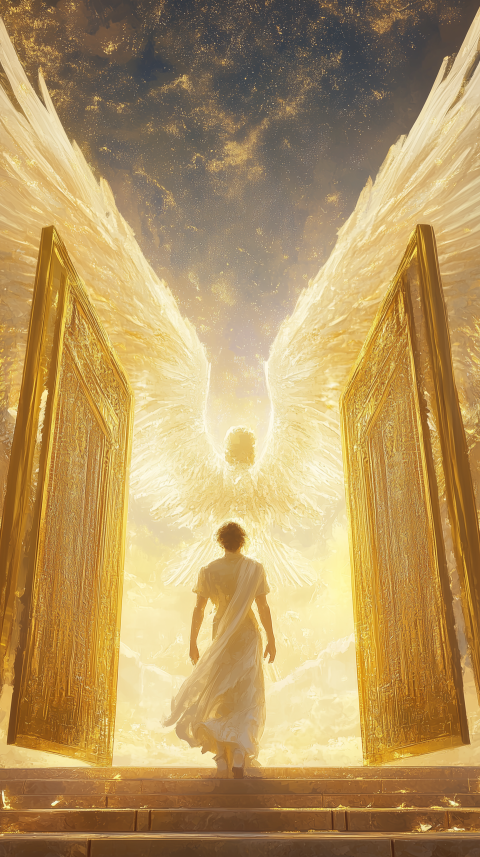 Person Entering Golden Gates with Angelic Presence