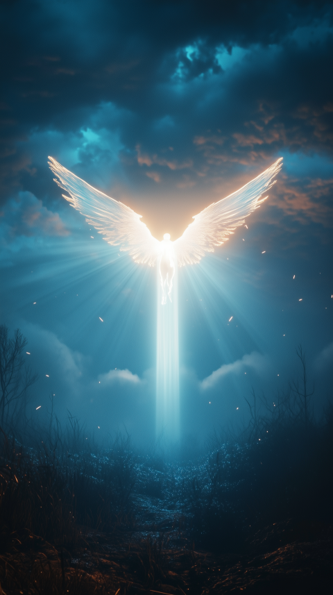 Glowing Angel Ascending in Dark Landscape