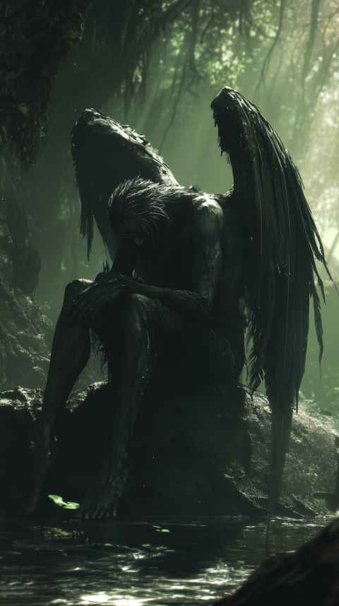 Fallen Angel Sitting in Dark Forest