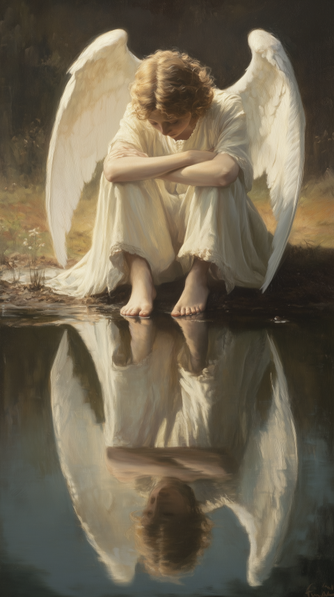 Reflective Angel Sitting by Water