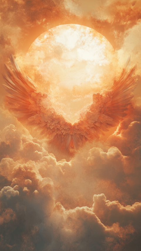 Angelic Wings Forming Heart in Fiery Sunset