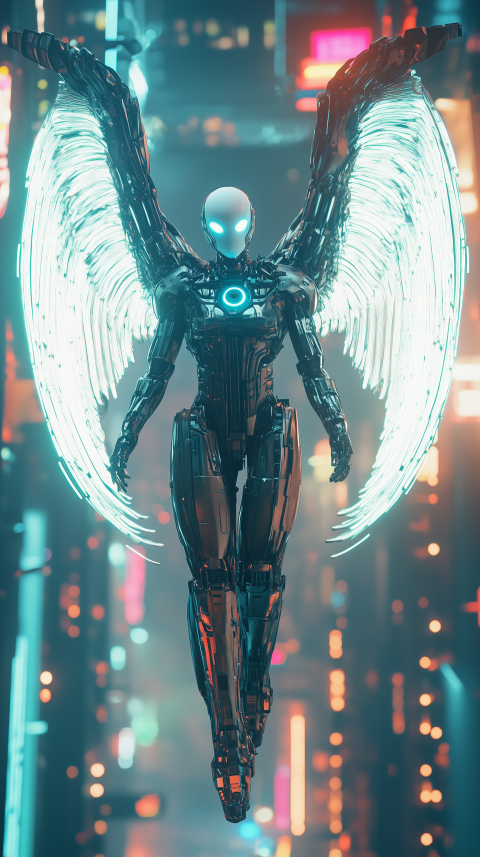 Futuristic Cyber Angel with Glowing Wings in Neon City