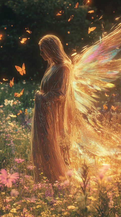 Radiant Woman with Glowing Wings in Flower Meadow