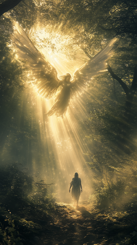 Celestial Angel Descending in Sunlit Forest