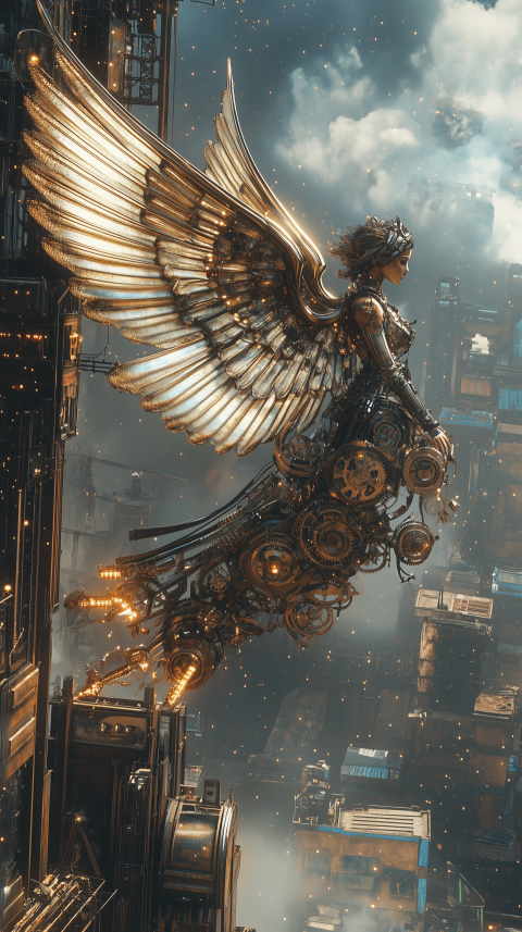 Steampunk Angel with Mechanical Wings in Futuristic City