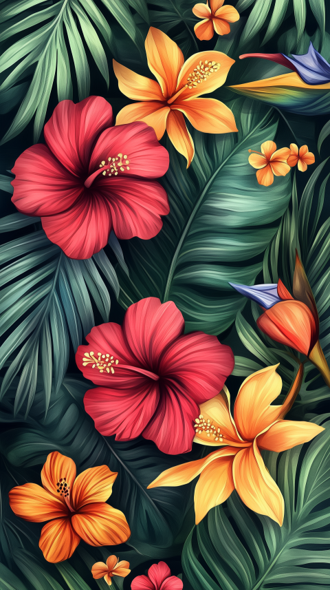 Tropical Floral Pattern with Hibiscus and Exotic Leaves