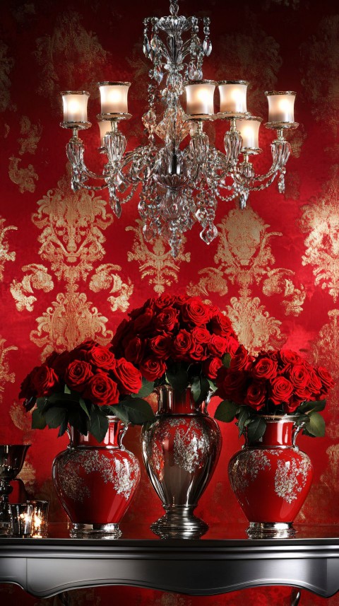 Elegant Red and Gold Dining Room with Crystal Chandelier