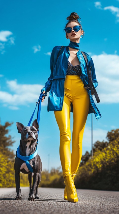 Fashion Model with Dog in Blue and Yellow Outfit