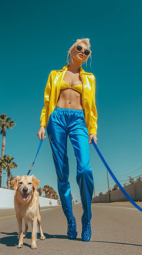 European and American Fashion Model with Dog on Leash