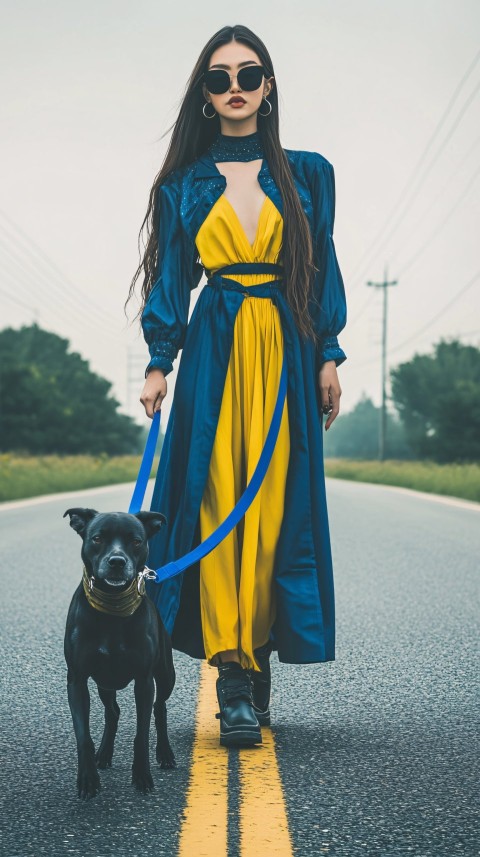 Fashion Model in Blue and Yellow with Dog Leash