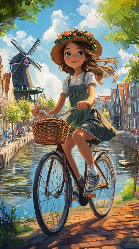 Danish Fairy Tale Girl Cycling Through Copenhagen Canals