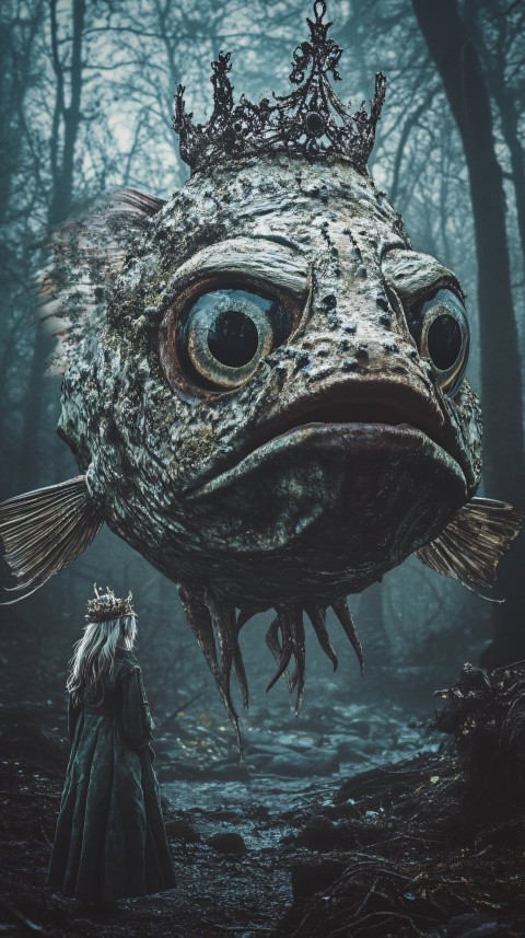 Surreal Eye Creature with Crown and Fish Ear in Dark Forest