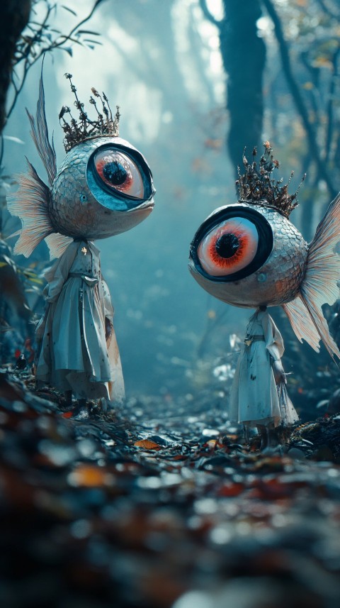 Two Surreal Creatures in a Dark Forest Scene