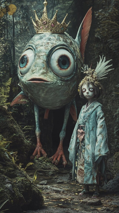 Surreal Eye Creature with Fish Ear and Kimono in Dark Forest