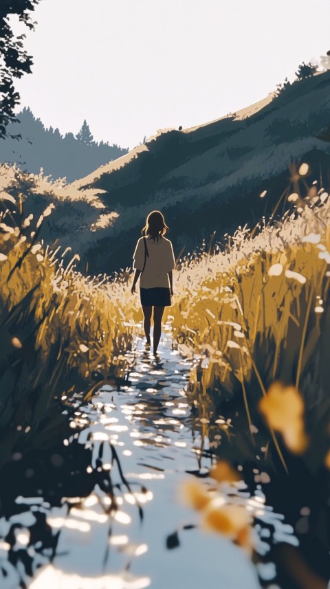 Woman Walking by Sunny Stream Pixel Art