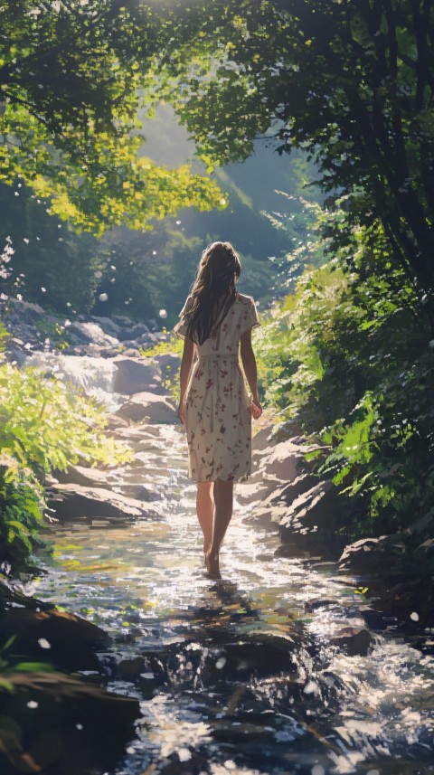 Woman Strolling Along Sunny Valley Stream in Pixel Art