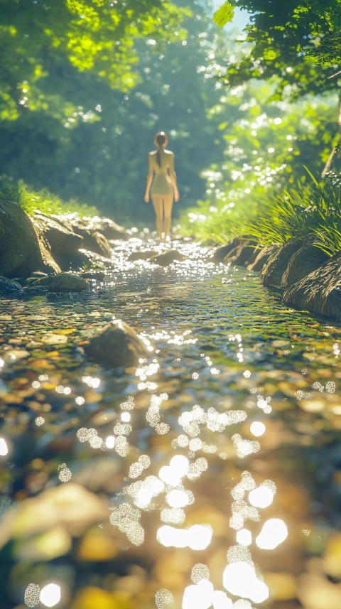 Woman Walking Along Sunny Stream