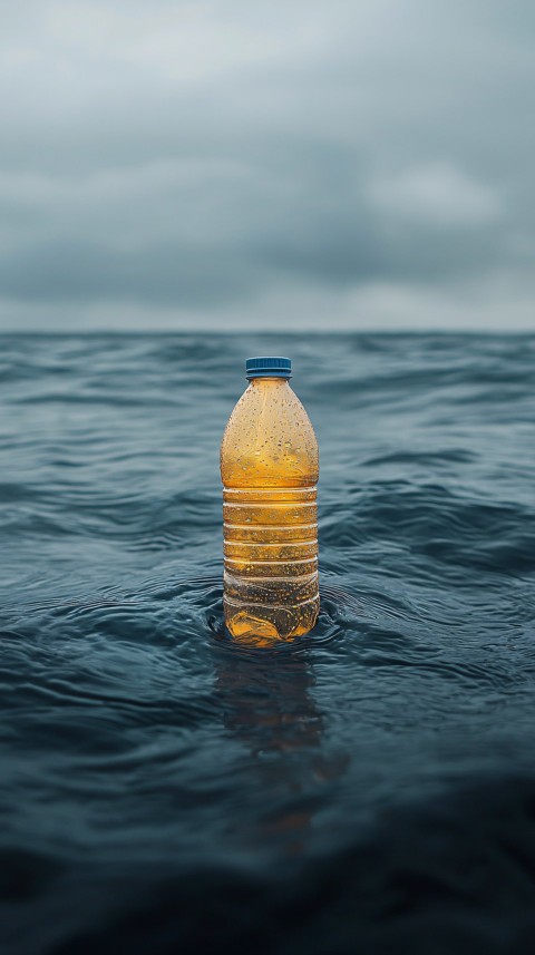 Crushed Plastic Bottle Floating on Ocean Surface Photo