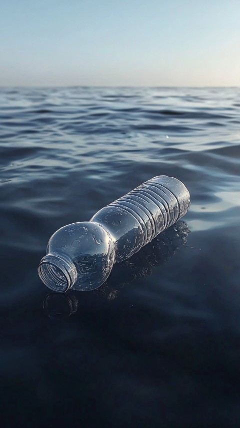 Crushed Plastic Bottle Floating in Middle of Ocean