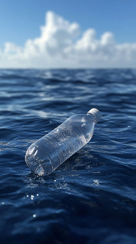 Crushed Plastic Bottle Floating on Ocean Surface Realistic Photo