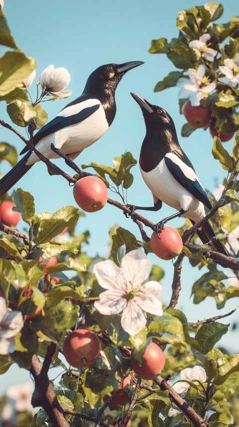 Two Magpies Pecking Apples on Apple Tree Branches