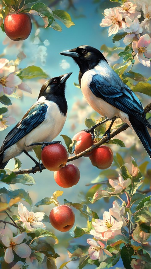 Magpies Pecking Apples on Apple Tree Branches